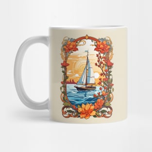 Sailing boat at sunset retro vintage floral design Mug